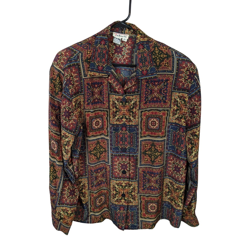 Talbots 100% Silk Brown Paisley Geometric Tile Button Down Blouse Shirt 14